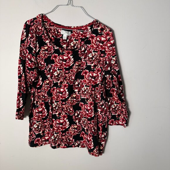 EUC Pima Cotton Charter Club Luccury Woman Shirt Blouse Red Black Flowers 0X - Picture 1 of 3